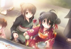  3girls alastor_(shakugan_no_shana) alternate_hairstyle black_hair blush bowl brown_eyes brown_hair candy_apple commentary_request double_bun food goldfish_scooping hair_bun hair_ribbon holding japanese_clothes jewelry kimono multiple_girls pendant photoshop_(medium) ribbon shakugan_no_shana shana single_hair_bun squatting tachitsu_teto yoshida_kazumi yukata 