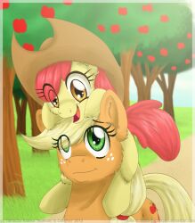  amber_eyes apple apple_bloom_(mlp) applejack_(mlp) blonde_hair carrying_another clothing cowboy_hat cutie_mark daww duo earth_pony equid equine female feral food friendship_is_magic fruit green_eyes hair hasbro hat headgear headwear horse inuhoshi-to-darkpen mammal my_little_pony on_head outside plant pony red_hair sibling_(lore) sister_(lore) sisters_(lore) sky smile tail tree wood young young_feral 