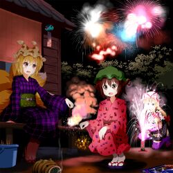  3girls animal_ears blonde_hair brown_hair cat_ears cat_tail chen commentary_request fireworks fox_tail hat hat_ribbon highres incense japanese_clothes kayari_buta kimono long_hair mosquito_coil multiple_girls multiple_tails night on_one_knee open_mouth purple_legwear ribbon ruu_(tksymkw) sandals senkou_hanabi short_hair sitting smile smoke sparkler squatting tail thighhighs touhou veranda wind_chime yakumo_ran yakumo_yukari 