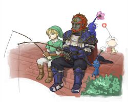  3boys backpack bag blonde_hair blue_hair blue_pikmin brown_hair commentary_request crossover dark-skinned_male dark_skin fishing flower ganondorf gerudo leaf link male_focus multiple_boys naru_(wish_field) olimar pikmin_(creature) pikmin_(series) pointy_ears purple_pikmin red_hair sitting spacesuit the_legend_of_zelda the_legend_of_zelda:_twilight_princess 