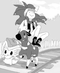  bad_drawr_id bad_id bag balancing bare_legs baseball_cap blitzle boots carrying cinccino emunise female greyscale hat heavy hilda_(pokemon) holding long_hair monochrome object_on_head oekaki pokemon pokemon_(creature) pokemon_bw ponytail riding riding_pokemon sidesaddle sleeping sweatdrop walking 