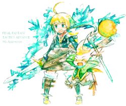  &gt;_&lt; 1boy ahoge animal_ears anniversary bad_id bad_pixiv_id blonde_hair blue_eyes boots closed_eyes copyright_name final_fantasy final_fantasy_tactics_advance hashino_ami holding jumping lowres marche_radiuju montblanc moogle rabbit_ears shorts simple_background staff sweatdrop sword weapon 