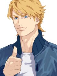  1boy blonde_hair blue_eyes blue_jacket bomber_jacket jacket keith_goodman male_focus neopara solo tegaki thumbs_up tiger_&amp;_bunny 