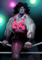  1boy arms_up black_hair boxing_ring chains cheering doe final_fight hugo_andore male_focus messy_hair muscular muscular_male photoshop_(medium) solo street_fighter 