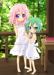  2girls aged_down barefoot blue_eyes commentary_request dress green_hair iwasaki_minami lucky_star multiple_girls no_eyewear pink_hair purple_eyes short_hair sundress takara_miyuki tyke 