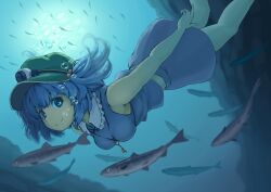  air_bubble blue_eyes blue_hair breath bubble commentary_request diving female fish freediving hair_bobbles hair_ornament hat kawashiro_nitori key kuro_oolong looking_at_viewer sleeveless smile solo swimming touhou two_side_up underwater 