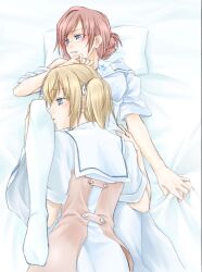  2girls bed bed_sheet between_legs blonde_hair blue_eyes blush commentary_request cowgirl_position fervent_idiot glasses hakuisei_ren&#039;ai_shoukougun kissing_leg lying multiple_girls nurse ootsuka_hatsumi pantyhose pillow pink_hair sawai_kaori school_uniform sheet_grab short_hair yuri 