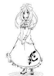  arm_ribbon boots bow commentary_request dress female frills front_ponytail full_body greyscale hair_ornament hair_ribbon hairbow hakano_shinshi kagiyama_hina long_hair looking_at_viewer monochrome ribbon shadow short_sleeves simple_background smile solo standing touhou v_arms white_background 