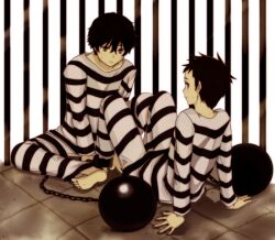  2boys ball_and_chain_restraint black_hair brown_eyes brown_hair commentary_request fukube_satoshi hyouka male_focus multiple_boys oreki_houtarou prison_clothes prisoner purple_eyes rano_(0kayu344) striped 