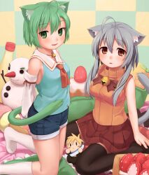  2girls animal_ears bare_shoulders bell black_legwear blonde_hair blush blush_stickers borrowed_character bottle cat_ears cat_tail checkered_background commentary_request detached_sleeves green_eyes green_hair grey_hair highres jingle_bell looking_at_viewer multiple_girls necco_(tefun) orange_shirt original photoshop_(medium) red_eyes sawada_yuusuke sharon_(dodomayo) shirt short_hair shorts sitting skirt sleeveless sleeveless_turtleneck snowman tail thighhighs turtleneck wariza 