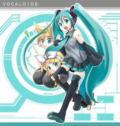  1boy 2girls blonde_hair blue_eyes commentary_request detached_sleeves hatsune_miku kagamine_len kagamine_rin kubocha long_hair looking_at_viewer multiple_girls photoshop_(medium) smile thighhighs twintails very_long_hair vocaloid 