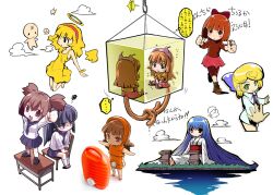  6+girls animal_ears arms_up blonde_hair blue_hair blush bow brown_eyes brown_hair chibi commentary_request copyright_request desk fake_animal_ears green_eyes hairbow halo japanese_clothes kubocha leggings long_hair looking_at_viewer multiple_girls personification photoshop_(medium) red_eyes school_uniform short_hair skirt smile squiggle tail tears translation_request very_long_hair 