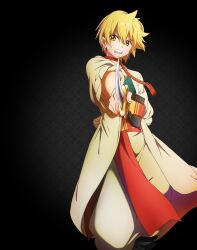  1boy ali_baba_saluja arabian_clothes arm_behind_back black_background blonde_hair choker earrings highres jewelry magi_the_labyrinth_of_magic male_focus official_art orange_eyes solo sword weapon 