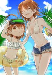  2girls age_difference ahoge bikini breasts brown_eyes brown_hair commentary_request cutoffs denim denim_shorts glowing head-mounted_display height_difference innertube last_order_(toaru_majutsu_no_index) medium_breasts medium_hair misaka_worst multiple_girls navel one_eye_closed outdoors papiko_(sogebusaretai) photoshop_(medium) shorts siblings sisters swim_ring swimsuit toaru_majutsu_no_index 