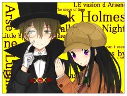  1boy bad_id bad_pixiv_id black_hair brown_hair chitanda_eru cosplay detective female formal gloves green_eyes hat hyouka jacket kimi_ni_matsuwaru_mystery long_hair monocle narumi_(narumi_naru) oreki_houtarou purple_eyes top_hat tuxedo 