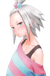  aqua_eyes bare_shoulders collarbone commentary_request female forehead freckles hair_bobbles hair_ornament mochimomomo pokemon pokemon_bw2 roxie_(pokemon) shirt short_hair solo striped_clothes striped_shirt topknot white_hair 