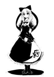  boots bow commentary_request dress female front_ponytail full_body greyscale hair_ornament hair_ribbon hairbow hakano_shinshi kagiyama_hina long_hair looking_at_viewer monochrome ribbon shadow simple_background smile solo touhou white_background 