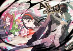  4boys 4girls amagi_yukiko bad_id bad_pixiv_id black_hair blue_hair brown_hair glasses grey_hair hanamura_yousuke izanagi_(persona_4) jacket kujikawa_rise kuma_(persona_4) long_hair multiple_boys multiple_girls narukami_yuu persona persona_4 photoshop_(medium) saeuchobab satonaka_chie school_uniform serafuku shirogane_naoto short_hair skirt sword tatsumi_kanji thighhighs weapon 