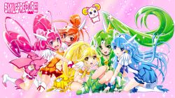  5girls aoki_reika blue_skirt boots bow candy_(smile_precure!) choker commentary_request creature cure_beauty cure_happy cure_march cure_peace cure_sunny full_body green_choker green_shorts green_skirt hair_flaps highres hino_akane_(smile_precure!) hoshizora_miyuki knee_boots magical_girl midorikawa_nao multiple_girls orange_skirt photoshop_(medium) pink_background pink_bow pink_shorts pink_skirt precure rainbow_order red_shorts shorts shorts_under_skirt skirt smile_precure sparkle sumeragi_hamao yayoi_kise yellow_shorts yellow_skirt 