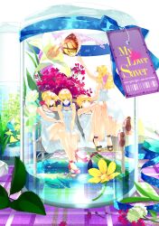  4girls absurdres artoria_pendragon_(fate) bad_id bad_pixiv_id blonde_hair bug butterfly choker clover_(flower) commentary_request crossed_legs dress fate/extra fate/stay_night fate/unlimited_codes fate_(series) fish flower green_eyes hair_ribbon heart high_heels highres in_container jar lily_(flower) long_hair multiple_girls multiple_persona name_connection nero_claudius_(fate) nero_claudius_(fate/extra) object_namesake photoshop_(medium) pink_flower ribbon rozer saber_(fate) saber_alter saber_lily sandals shoes sitting surreal tag white_flower white_lily yellow_eyes yellow_flower 