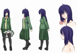  ahoge alternate_costume alternate_legwear arms_behind_back black_thighhighs burn_scar female hair_over_one_eye ikezawa_hanako katawa_shoujo kekekeke long_hair mary_janes multiple_views pleated_skirt purple_eyes purple_hair scar shoes skirt thighhighs vest wind wind_lift 