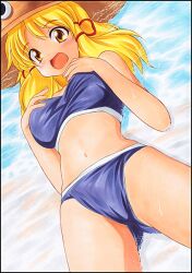  bikini blonde_hair breasts commentary_request female hands_on_own_chest hat lying lying_on_water medium_breasts medium_hair moriya_suwako navel on_back open_mouth partially_submerged purple_bikini solo swimsuit touhou traditional_media water yadokari_genpachirou yellow_eyes 