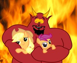  applejack_(mlp) beard blonde_hair comedy_central crossover demon earth_pony equid equine facial_hair fallen_angel female feral fire friendship_is_magic green_eyes group hair hasbro hell horn horse hug humanoid low_res lucifer_(disambiguation) male mammal my_little_pony pony purple_eyes purple_hair satan scootaloo_(mlp) smile south_park unknown_artist yellow_eyes young young_female young_feral 