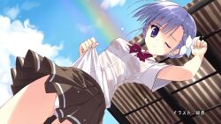  anime_screenshot blue_eyes blue_hair braid cloud day end_card female fin_e_ld_si_laffinty flower hair_flower hair_ornament jpeg_artifacts one_eye_closed panties pantyshot rainbow rinne_no_lagrange ryouka_(suzuya) shirt skirt sky solo underwear wet wet_clothes wet_shirt 