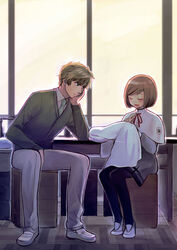  1boy black_legwear brown_hair closed_eyes commentary_request female green_eyes green_neckwear grey_pants hanegasaki_academy_school_uniform indoors looking_at_another pants pantyhose protagonist_(tokimemo_gs2) school_uniform short_hair sitting tokimeki_memorial tokimeki_memorial_girl&#039;s_side tokimeki_memorial_girl&#039;s_side_2nd_kiss wakaouji_takafumi white_footwear yoshida_(crisen) 