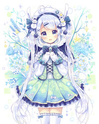  :d absurdres animal_band animal_hands black_bow black_eyes bow bowtie capelet commentary_request dress female gloves green_dress hairbow hat highres long_hair looking_at_viewer mittens oerba_yun_fang open_mouth original paw_gloves sakura_oriko simple_background smile snowman_hair_ornament solo striped striped_bow thighhighs twintails very_long_hair wavy_mouth white_background white_bow white_gloves white_hair white_hat zettai_ryouiki 