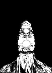  black_background clasp commentary_request demon&#039;s_souls dress eyebrows eyelashes female glowing greyscale high_contrast highres holding hood madotukitoponiko maiden_astraea medium_hair monochrome own_hands_together robe rock simple_background sitting solo soul straight_hair 