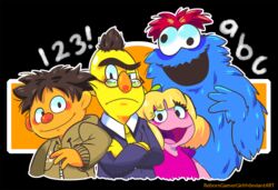  avenue_q bert_(sesame_street) black_hair blonde_hair blue_body blue_fur clothing cookie_monster cosplay crossover crossover_cosplay ernie_(sesame_street) exclamation_point eyewear fur glasses group hair hoodie humanoid jacket kate_monster letters monster necktie nicky_(avenue_q) not_furry number open_mouth orange_body orange_fur pink_body pink_fur prairie_dawn reborngamergirl red_hair rod_(avenue_q) sesame_street topwear trekkie_monster yellow_body yellow_fur 