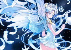  bishoujo_senshi_sailor_moon bishoujo_senshi_sailor_moon_stars blue_eyes chkuyomi circlet commentary_request dress earrings feathers female hair_bun hair_ornament heart_hair_bun jewelry long_hair magical_girl photoshop_(medium) sailor_cosmos sailor_senshi_uniform sky solo space staff star_(sky) starry_sky triple_horizontal_stripe very_long_hair white_hair winged_wand wings 