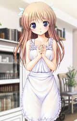  :o apron bad_id bad_link bekkankou blue_eyes blurry blush book bookshelf chair collarbone cowboy_shot daitoshokan_no_hitsujikai depth_of_field female highres indoors light_brown_hair long_hair looking_at_viewer naked_apron official_art own_hands_clasped own_hands_together plant potted_plant shirasaki_tsugumi solo 