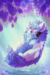  2016 2:3 ambiguous_gender blue_body blue_countershading blue_eyes blue_fur blue_hair clockbirds cool_colors countershading detailed_background digital_media_(artwork) dripping electronics faerie_neopet feral floating flower fluffy fluffy_tail fur grey_body grey_fur hair happy headphones insect_wings jumpstart_games lying mammal neopet_(species) neopets on_back open_mouth outside petals plant relaxing solo tail water wings wisteria_(flower) yurble 