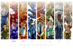  3girls 5boys agumon angel_wings angemon angewomon armor atlurkabuterimon bird birdramon blonde_hair blue_eyes botamon brown_eyes brown_hair bubbmon claws commentary_request crest digimoji digimon digimon_(creature) digimon_adventure digimon_adventure_tri. digimon_crest digivice egg feathered_wings feathers fire flower full_moon gabumon garudamon garurumon goggles goggles_on_head gomamon green_eyes greymon hat heraklekabuterimon holy_ring holyangemon holydramon horns hououmon ikkakumon ishida_yamato izumi_koshiro kabuterimon koromon lilimon long_hair metalgarurumon metalgreymon mochimon moon multiple_boys multiple_girls nyaromon nyokimon odaiba_middle_school_uniform palmon patamon pitchmon piyomon plotmon poyomon pukamon punimon pyocomon red_eyes rose rosemon school_uniform seraphimon short_hair smile staff tachikawa_mimi tailmon takaishi_takeru takenouchi_sora tanemon tentomon togemon tokomon tsukishima_general_high_school_uniform tunomon vikemon wargreymon weregarurumon whistle wings winni yagami_hikari yagami_taichi yukimibotamon yuramon zudomon 