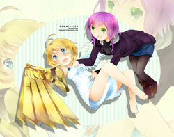  2girls ahoge angel angel_wings asymmetrical_wings bad_deviantart_id bad_id barefoot blonde_hair blue_eyes boots borrowed_character cassie_(acerailgun) cyborg dress falling feathered_wings ghost green_eyes isabelle_(acerailgun) mechanical_arms mechanical_wings multiple_girls open_mouth original purple_hair revanche short_hair single_mechanical_arm skirt watermark web_address wings zoom_layer 