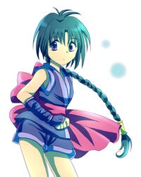  black_eyes black_hair braid female long_hair lowres makimachi_misao mappou ninja rurouni_kenshin shorts single_braid solo white_background 