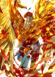  armor bird birdramon blue_eyes brown_hair commentary_request digimoji digimon digimon_(creature) digimon_adventure digimon_adventure_tri. digivice evolutionary_line feathers female fire garudamon green_eyes hououmon nyokimon piyomon pyocomon school_uniform short_hair takenouchi_sora tsukishima_general_high_school_uniform winni 