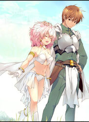  1boy alicesoft armlet armor bad_id bad_pixiv_id bare_shoulders belt blush bracelet breastplate breasts buckle cape cleavage commentary_request earrings echo_(circa) female gloves grass hand_on_another&#039;s_head high_heels highres hip_armor jewelry loincloth long_sleeves medium_breasts mountain navel outdoors panties pants pink_hair rance rance_(series) rance_02 sill_plain sky tree underwear 