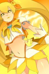  blonde_hair bow brooch choker commentary_request crop_top cure_sunshine dress female hair_ribbon heart heart-shaped_pupils heart_brooch heartcatch_precure! jewelry long_hair magical_girl midriff myoudouin_itsuki navel orange_bow orange_choker precure ribbon rocd smile solo symbol-shaped_pupils twintails wrist_cuffs yellow_bow yellow_eyes yellow_theme 