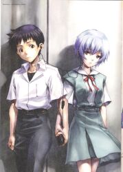  1boy ayanami_rei blue_eyes blue_hair doujinshi female highres ikari_shinji nakamura_kanko neon_genesis_evangelion rebuild_of_evangelion red_eyes scan short_hair walkman 