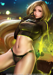  bad_id bad_pixiv_id black_gloves black_panties blonde_hair blurry blurry_background breasts brown_eyes commentary dc_comics dutch_angle electricity english_commentary female gloves hand_to_own_mouth large_breasts lips long_hair looking_at_viewer midriff navel nefrubi night panties patreon_username photoshop_(medium) shirt smile terra_(dc) tight_clothes tight_shirt underwear watermark web_address 