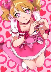  bad_id bad_pixiv_id boots bow brown_hair choker cosplay cure_peach cure_peach_(cosplay) dress earrings eyelashes female fresh_precure! hair_ornament hairpin heart heart-shaped_pupils heart_hair_ornament heart_hands jewelry kneeling magical_girl momozono_love pink_bow pink_choker pink_eyes pink_footwear pink_wrist_cuffs precure ribbon rocd self_cosplay short_hair smile solo symbol-shaped_pupils twintails wrist_cuffs 