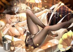  azur_lane bare_shoulders bikini bikini_top_only black_hat black_pantyhose black_shorts blurry bottle bra breasts coin covered_mouth cross cross_necklace cuffs depth_of_field feet female floating_hair foot_out_of_frame foot_up gloves gold_coin gun handcuffs handgun hat highres holding holding_gun holding_handcuffs holding_weapon ice indoors jewelry kirov_(azur_lane) lamp large_breasts leg_up legs long_hair looking_at_viewer necklace no_shoes pantyhose peaked_cap phonograph police_hat reclining see-through see-through_legwear short_shorts shorts sideboob sidelocks sitting solo swimsuit thighs toes underwear very_long_hair weapon white_gloves xiongshouji yellow_eyes zipper zipper_pull_tab 