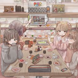  4girls black_eyes black_nails blunt_bangs blush bracelet brown_hair brown_pants charm_(object) chopsticks collared_dress collared_shirt conveyor_belt conveyor_belt_sushi cup dress english_text food from_behind from_side glasses grey_hoodie hair_between_eyes hair_bun hair_ribbon highres hood hoodie indoors jewelry keyring long_sleeves medium_hair multicolored_hair multiple_girls nail_polish napkin neck_ribbon open_mouth original oversized_clothes pants parfait phone pink_dress pink_ribbon pink_vest plate red_shirt restaurant ribbon shinanashina shirt short_hair short_twintails single_hair_bun sitting streaked_hair sushi table teacup twintails v-neck vest white_shirt yunomi 