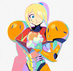  :t arm_cannon armor blonde_hair blue_eyes denaseey eating female flat_color food food_on_face hair_over_one_eye hamburger headwear_removed helmet helmet_removed high_ponytail holding holding_food looking_at_viewer metroid mole mole_under_mouth paper_texture ponytail power_armor power_suit samus_aran shoulder_pads sidelocks simple_background solo varia_suit weapon white_background 