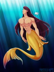  5_fingers abs barazoku brown_hair fingers fish fish_tail frankly-art gold_scales hair hi_res humanoid male marine merfolk merman_john_(xiaobigjie) mermay muscular muscular_male nipples pecs sea solo sparkles split_form swimming underwater water 