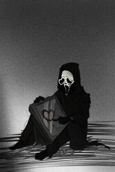  1boy black_cloak black_footwear black_gloves blood cloak drawing ghostface gloves heart highres hood hood_up horror_(theme) kouya_833 mask scream_(movie) sitting solo 