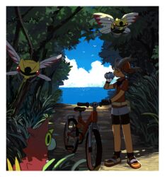  bandana bicycle bike_shorts bird border can cloud commentary_request day female gloves grass hand_up holding holding_can looking_back may_(pokemon) ninjask outdoors pokemon pokemon_(creature) pokemon_rse popcorn_91 protected_link red_shirt shadow shirt shoes short_hair short_sleeves skirt sky socks tree white_border wurmple 